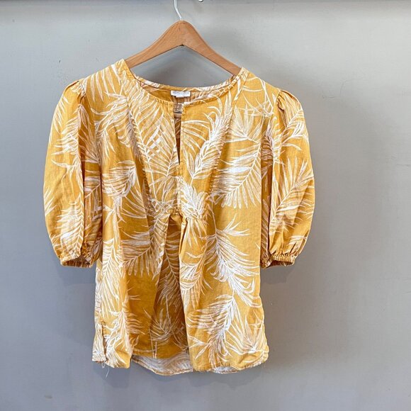 Sigrid Olsen Womens Yellow & White Leaf Print Linen Blend Blouse Puff Sleeve M - Picture 1 of 4